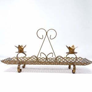 Vintage Brass Tone Quatrefoil Candle Holder Tray Hollywood Regency 15”